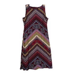 Anne Klein Sleeveless Sheath Dress Women L Burgundy Geometric Zig Zag Stretch